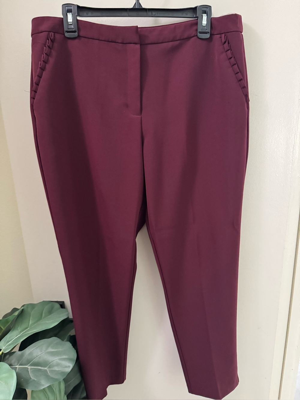 Zac & Rachel Burgundy Straight Pants, Scalloped Pockets Slimming Size 14